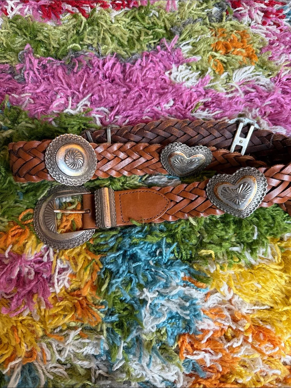 Vintage Brighton Y2K Brown Braided Leather Belt with Heart Conchos